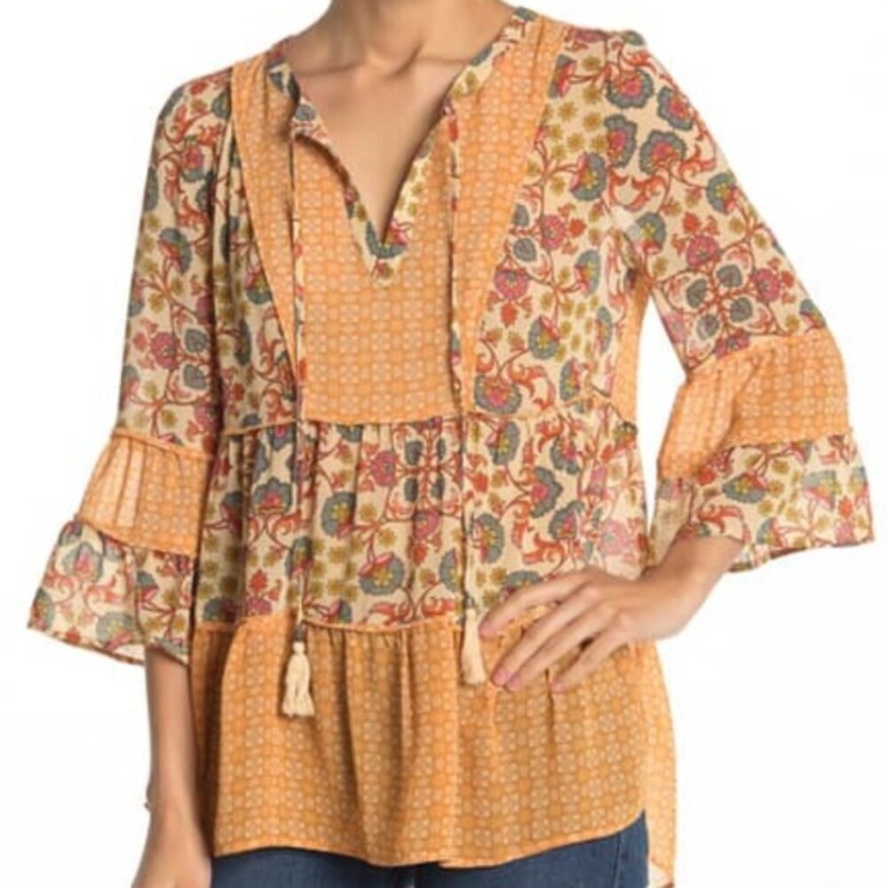 DR2 Mixed Print Bell Sleeve Chiffon Peasant Top XS - Boho Floral Lightweight